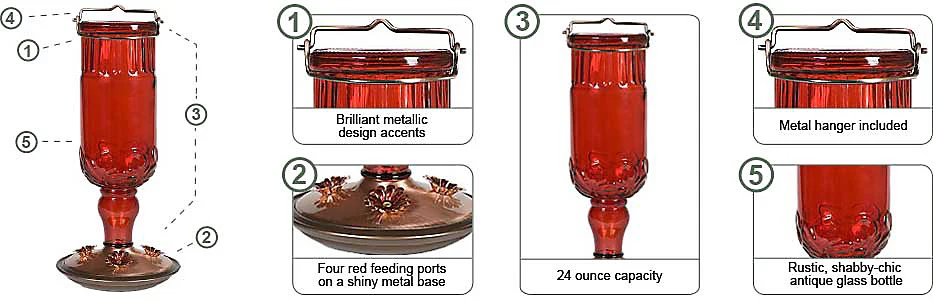 Round Antique Bottle Hummingbird Feeder-Red-24 oz - Image 3